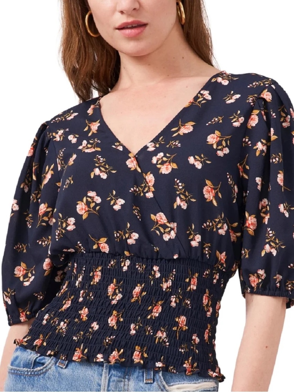 1. STATE Womens Stretch Elbow Puff-sleeve Pouf Sleeve Surplice Neckline Top